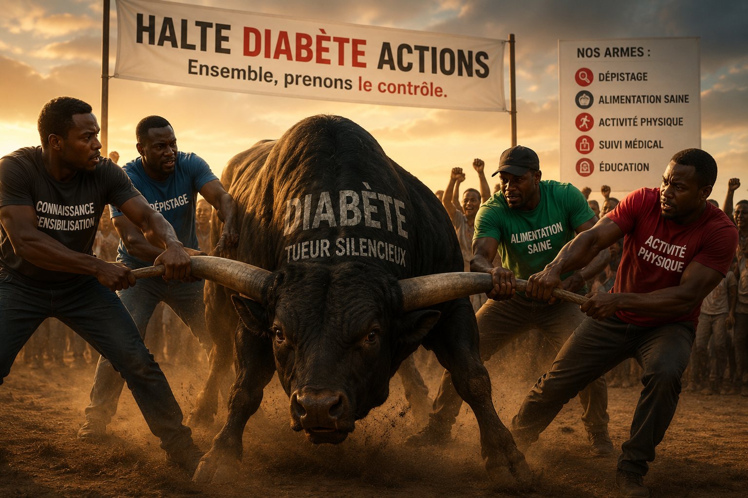 Campagne HDA « Halte Diabète Actions — Ensemble, prenons le contrôle » : dépistage, alimentation saine, activité physique, suivi médical et éducation.