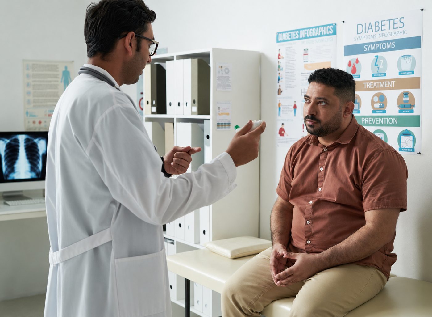 Médecin échangeant avec un patient devant des supports pédagogiques sur le diabète
